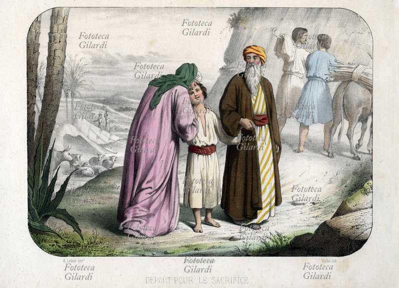 BIBBIA "La partenza per il sacrificio": Sara bacia in fronte il figlio Isacco mentre sta per allontanarsi con il padre Abramo, che intende sottomettersi alla più terribile prova di fede che si possa chiedere, disporre il proprio figlio come offerta sacrificale. Tavola da "La Bible en estampes", illustrata con litografie di Ch. Vallet da composizioni di Auguste Leloir (1 luglio 1809 - 8 marzo 1892), testi estratti da "la Bible du Jeune Age" di Élisabeth Muller. Stampa Lemercier, Editore Amédée Bédelet, Parigi 1860