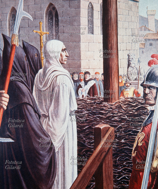 Girolamo SAVONAROLA (1452-98) condannato al rogo. Domenicano ferrarese si oppose allo spirito paganeggiante del Rinascimento. Avviò la Repubblica di Firenze ad un regime democratico (1494-98). Scomunicato da Papa Alessandro VI nel 1497, un anno più tardi nel corso di gravi disordini fu condannato ad essere impiccato ad una croce e poi bruciato sul rogo. Illustrazione di Tancredi Scarpelli, da \