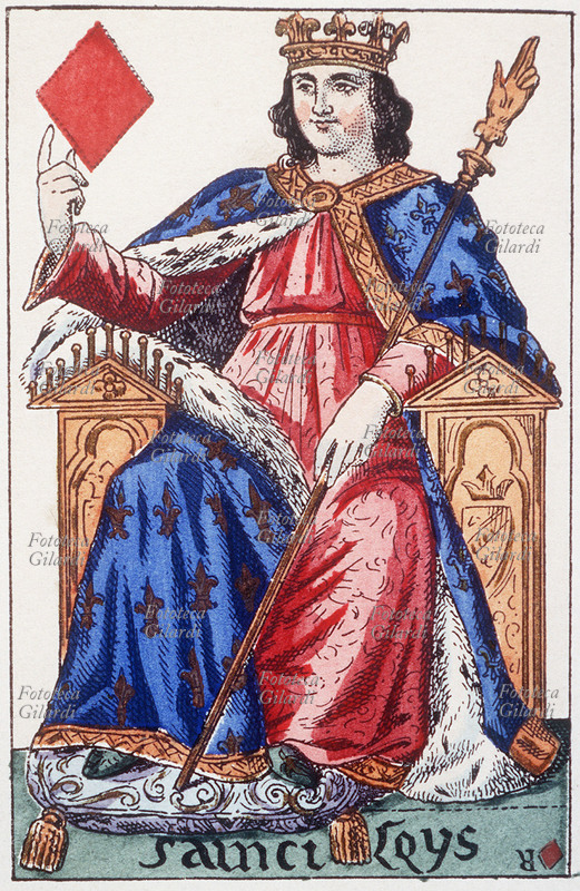 CARTE DA GIOCO Sanct Loys (25 aprile 1214 – 25 agosto 1270), re Luigi IX il Santo, figlio di Bianca di Castiglia e di Luigi VIII, re di Francia dal 1226. Ritratto come re di quadri nel mazzo di carte da gioco disegnato da Armand-Gustave Houbigant (29 gennaio 1790 - 12 gennaio 1863) in occasione del matrimonio di Carlo Ferdinando d\