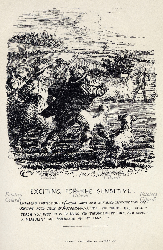 STORIA DELLA FOTOGRAFIA Exciting for the Sensitive. Il fotografo, scambiato beceramente per un geometra che prende misurazioni con il teodolite, è scacciato in malo modo dalla proprietà. Illustrazione dal trattatello umoristico intitolato "Photographic Pleasures. Popularly portrayed with pen and pencils", di Cuthbert Bede, B.A. (nome d\