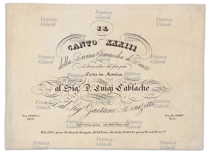 STORIA DELLA CANZONE copertina spartito musicale del Canto XXXIII della Divina Commedia posto in musica da Gaetano Donizetti, edizioni Ricordi XIX secolo