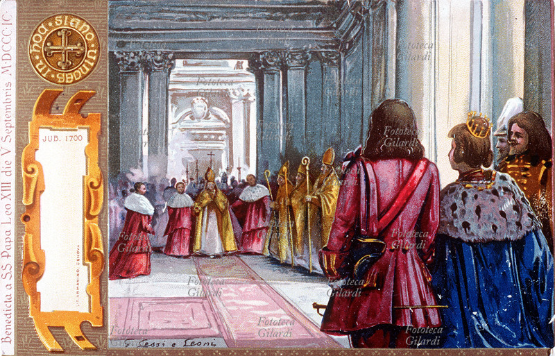 GIUBILEO 1700 per Innocenzo XII malato, apre la Santa Porta in San Pietro il cardinale di Buglione. Maria Francesca, regina di Polonia, assiste al solenne inizio del secolare Giubileo. Cromolitografia di G. Lessi e Leoni, Stampa Lit. Armanino, benedetta da Papa Leone XIII. Genova, 5 settembre 1899.