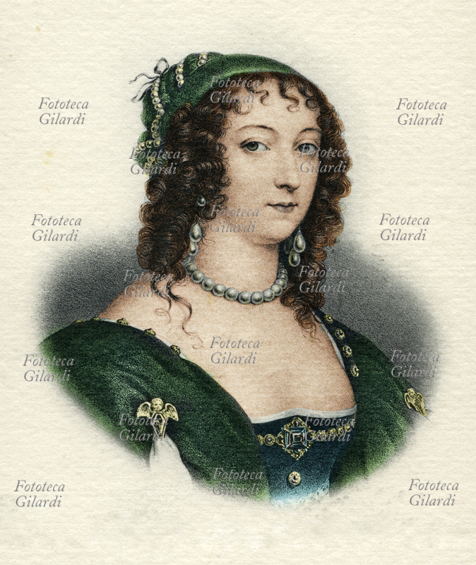 ENRICHETTA ANNA (1644-1670) of England, daughter of Charles I, King of England and Henrietta Maria of France (daughter of Henry IV). In 1661 she married Philip Duke of Orleans, brother of Louis XIV of France, and they had two daughters, became queens of Spain and Sardinia. Beautiful and spiritual protected many writers among which Molière and Racine. Mandated by the king of a diplomatic mission to his brother Charles II, he died in mysterious circumstances shortly after taking her to a successful conclusion, probably poisoned. Colored lithograph, nineteenth century France
