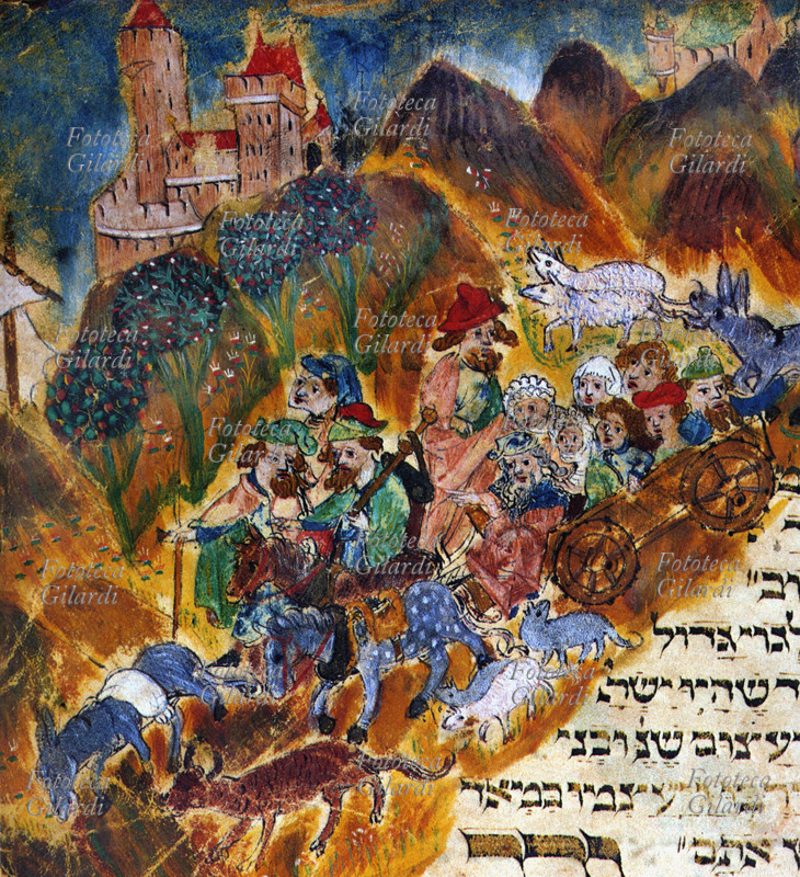 EBRAISMO Ebrei espulsi da una cittadina europea: essi hanno potuto tenersi qualche bestia ed un carro per risparmiare alle donne, ai più deboli e ai più anziani la marcia estenuante. Miniatura tratta da un manoscritto ebraico del 1427-28 circa