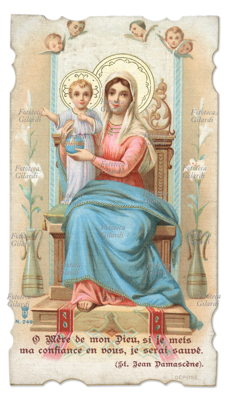 MADONNA CON BAMBINO Immaginetta cromolitografica francese con preghiera di San Giovanni Damasceno \