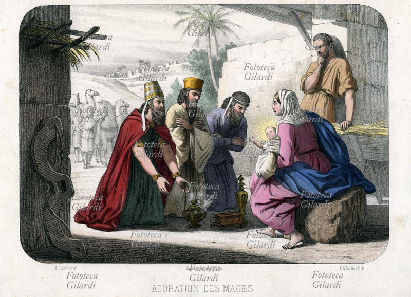 BIBBIA "Adorazione dei Magi": i Tre Re portano in dono al Bambinello oro, incenso e mirra. Tavola da "La Bible en estampes", illustrata con litografie di Ch. Vallet da composizioni di Auguste Leloir (1 luglio 1809 - 8 marzo 1892), testi estratti da "la Bible du Jeune Age" di Élisabeth Muller. Stampa Lemercier, Editore Amédée Bédelet, Parigi 1860