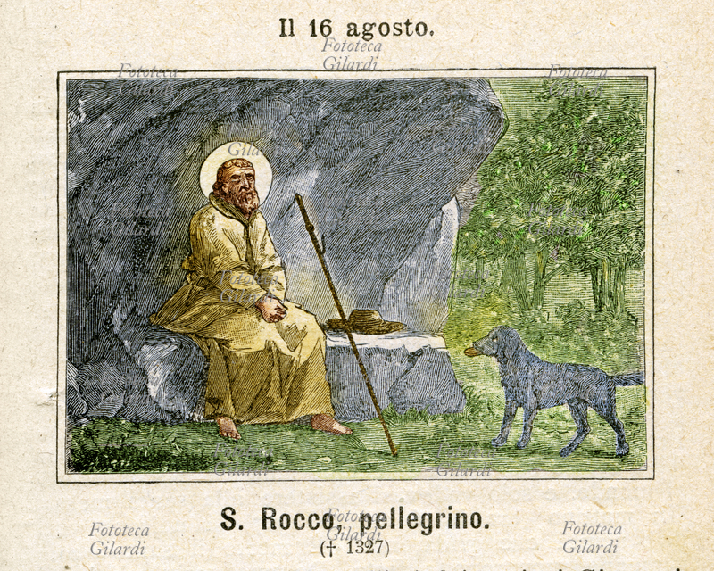 San ROCCO di Montpellier (1346/1350 - notte tra il 15 e il 16 agosto 1376/1379) pellegrino e taumaturgo francese, venerato come santo dalla Chiesa cattolica, invocato per le sue caratteristiche di divino guaritore contro le pestilenze. Figlio unico di nobile famiglia, quando rimase orfano donò in beneficienza i suoi averi e partì in pellegrinaggio per Roma, sempre dedito all\