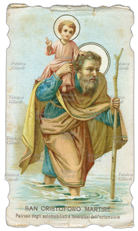 SAN CRISTOFORO (250 circa) trasporta Gesù Bambino sulle spalle attraverso un guado, chinato sotto il peso non già del fanciullo, ma dell\
