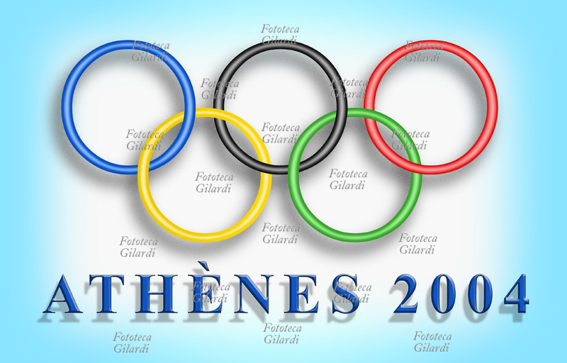 OLIMPIADI Atene 2004 gli anelli simbolo della competizione sportiva mondiale disegnati sulla bandiera olimpica bianca con i bordi azzurri, colore della bandiera della nazione Ospite: la Grecia. I 5 anelli intecciati furono per la prima volta il simbolo delle Olimpiadi ad Anversa nel 1920 e simboleggiano i 5 continenti: blu Europa, giallo Asia, nero Africa, verde Oceania, rosso America. (versione francese) Atene 2004