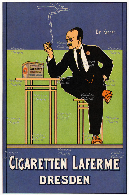 FUMO Manifesto di Fritz Rehm per le sigarette Laferme. Un distinto signore con monocolo gusta una sigaretta Laferme seduto ad un tavolino. Dresda 1895 - 96