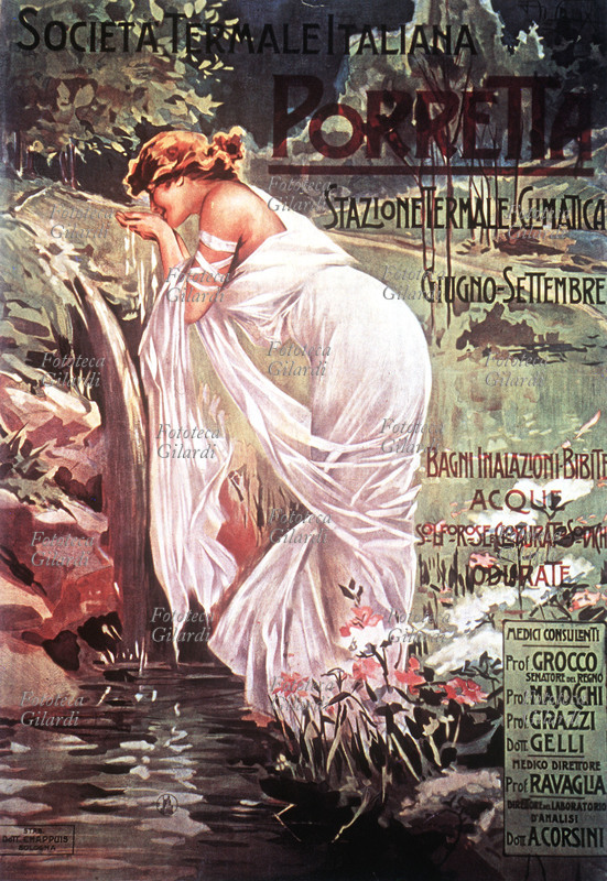 TERME Manifesto pubblicitario per le Terme di Porretta. Le cure agli stabilimenti termali erano vacanze molto di moda negli ultimi anni del XIX secolo fino al primo decennio del XX. Nell\