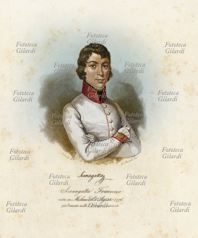 Francesca SCANAGATTA (1 August 1776 - 20 November 1864) Italian soldier with Austrian citizenship, officer of the Army of the Holy Roman Empire, the first woman to be drafted into the imperial forces, albeit with an expedient. In 1794 his brother Giovanni should have attended the Teresian Military Academy in Wiener Neustadt, but he fell ill; Francesca took his place disguised as a man, made excellent profits and participated with honor in the French revolutionary wars, earning a gold medal of merit. In 1800 she was discovered and discharged with the rank of lieutenant and a pension; he later married and had four children. Portrait in uniform, engraving by Giuseppe Buccinelli from a drawing by Damaurizio. 19th century engraving digitally colored