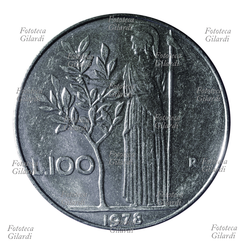 MONETE - dritto della moneta da Lire cento 100 raffigurante Minerva che stacca un ramo di alloro, emessa nel 1978