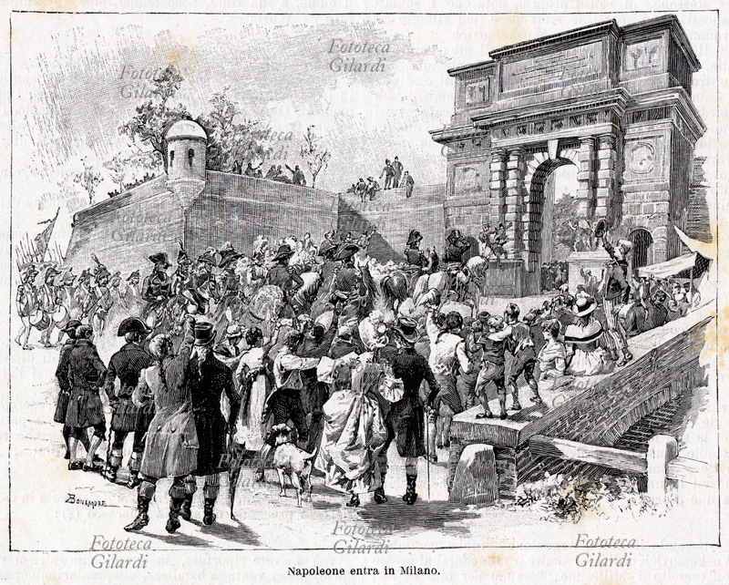 Napoleone BONAPARTE (15 agosto 1769 – 5 maggio 1821) in Italia, entra a Milano tra la folla che lo acclama. Incisione di Antonio Bonamore (1845-1907), da "Storia di Napoleone" di Jacques De Norvins (18 giugno 1769 – 30 luglio 1854), Edoardo Sonzogno editore, Milano 1893