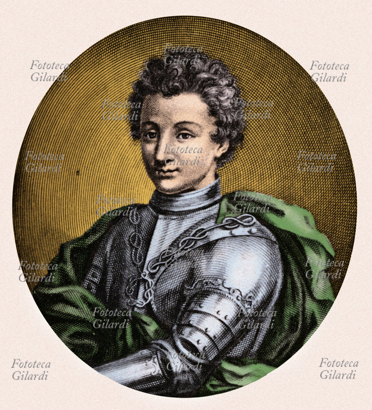 SAVOIA Amedeo VI (1334-1383) detto conte Verde. Ritratto in una incisione colorata, XVIII secolo.