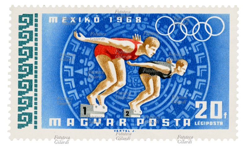 NUOTO FEMMINILE Francobollo della serie "Giochi Olimpici Città del Messico 1968" emessa dalle poste magiare. Nella vignetta due nuotatrici nell\