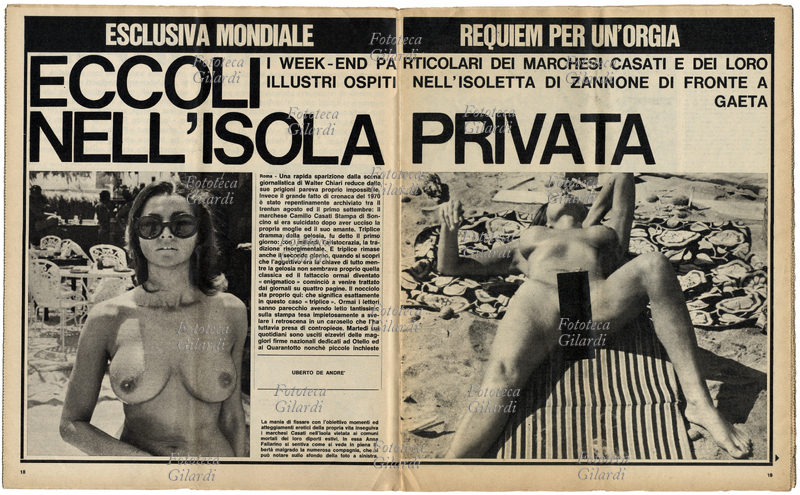 SCANDALO CASATI famiglia di nobili romani protagonisti di un fatto di cronaca nera con sfondo a luci rosse. Il fatto: il 30 agosto 1970, in un appartamento di Roma, vengono uccisi con un fucile da caccia la marchesa Anna Casati Stampa e un suo giovane amante. A sparare è il marchese Camillo Casati (marito di Anna) trovato morto suicida vicino ai corpi delle vittime. Doppia pagina d\