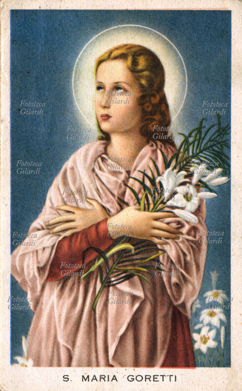 Santa Maria GORETTI (16 ottobre 1890 – 6 luglio 1902) immaginetta devozionale con il ritratto della giovane santificata per aver preservato la sua purezza al prezzo della morte. Fu infatti uccisa il 5 luglio 1902 da un giovane che l\