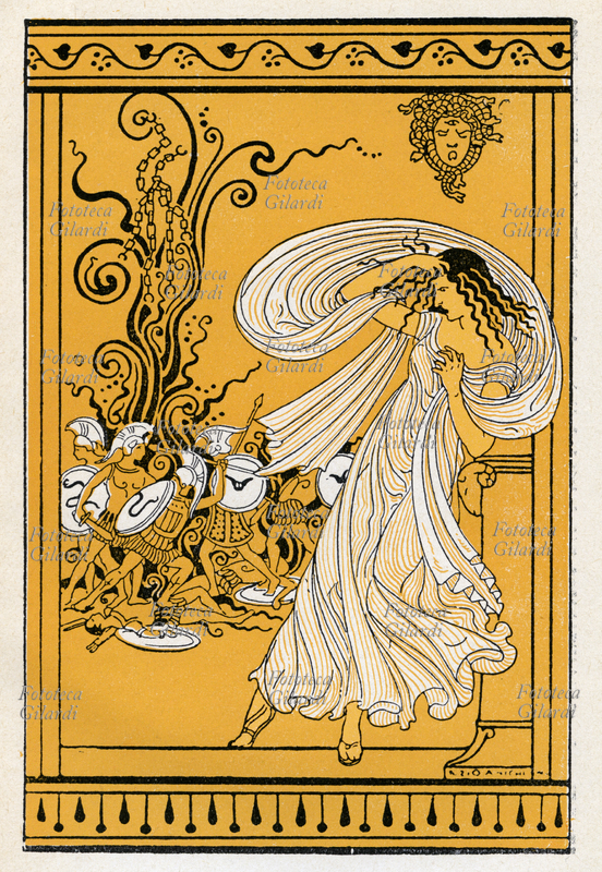 GUERRA DI TROIA Cassandra vede in profezia scatenarsi la guerra di Troia. Tavola da "Storie della storia del mondo. Greche e barbare", di Laura Cantoni Orvieto (7 marzo 1876 – 9 maggio 1953), scrittrice italiana che fu parte attiva del dibattito letterario a partire dagli inizi del XX secolo, e seppe unire la sua capacità di sintesi divulgativa alla passione per i bambini attraverso la produzione di una serie di apprezzatissimi libri per l\