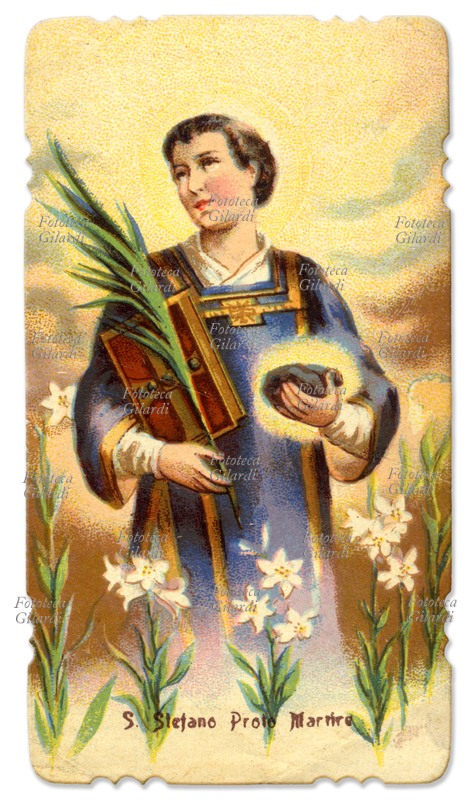 SANTO STEFANO LEVITA Protomartire. Era ebreo di nascita. Venerato come santo dalla Chiesa cattolica e dalla Chiesa ortodossa, è il protomartire cristiano, cioè il primo ad aver dato la vita per testimoniare la propria fede in Cristo e per la diffusione del Vangelo. Il Santo è raffigurato con in mano le sacre scritture, una foglia di palma e le pietre, il suo martirio fu la lapidazione. Cromolitografia, 1904