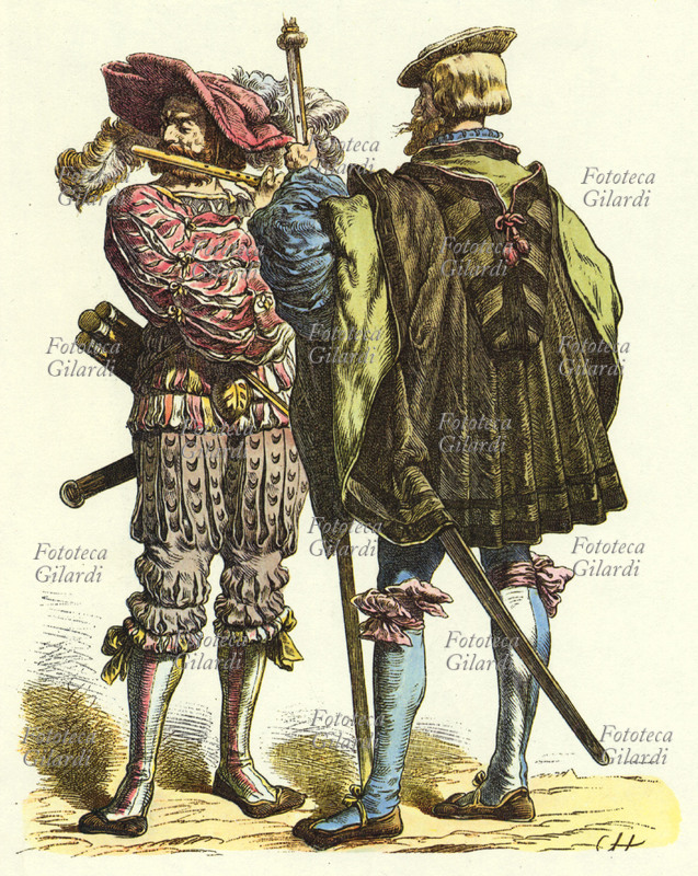 LANZICHENECCHI soldati mercenari tedeschi del 1500. Suonatore e maresciallo. Stampa dalla raccolta di tavole illustrate \