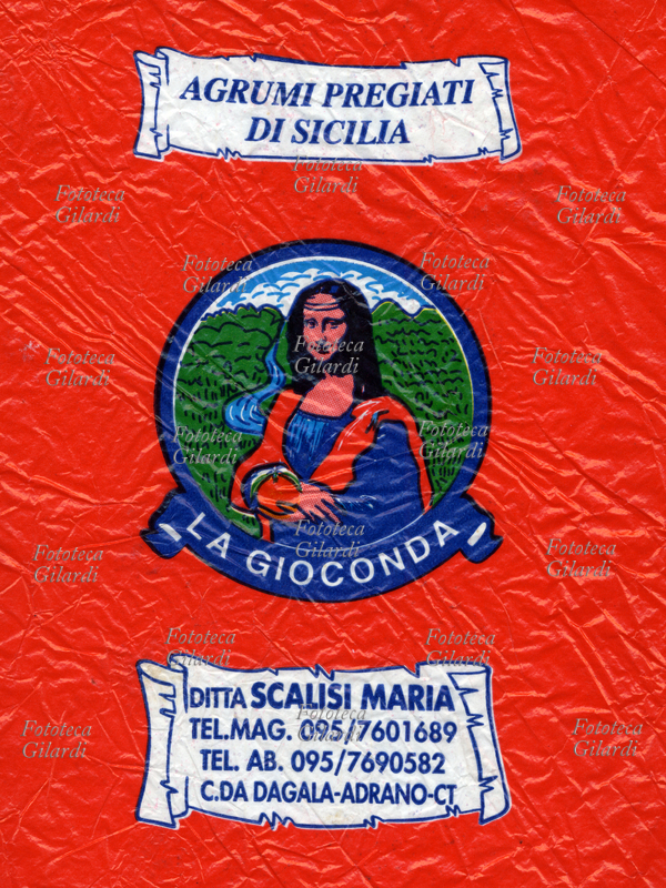 ETICHETTE Velina per la protezione di agrumi pregiati siciliani "La Gioconda", prodotte dalla ditta "Scalisi Maria" ad Adrano (Catania), 1990.