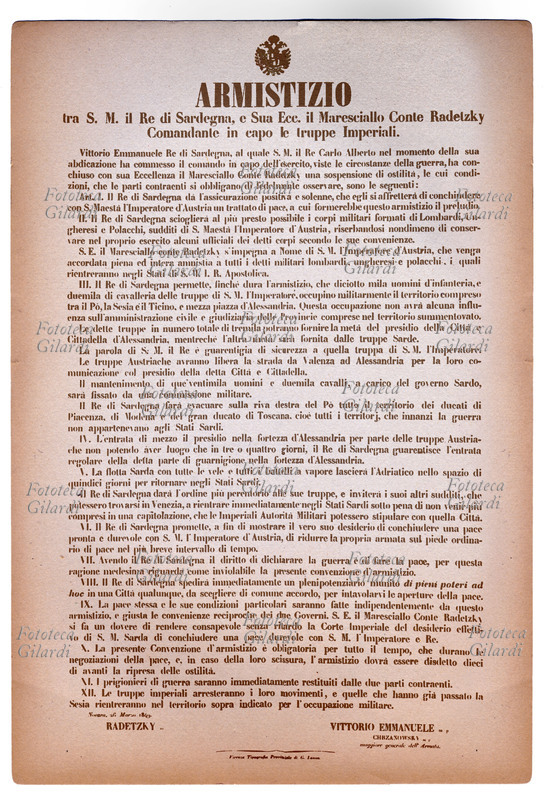 RISORGIMENTO Comunicato di Armistizio tra Vittorio Emanuele II, Radetzky e Chrzanowsky, Maggiore generale dell\
