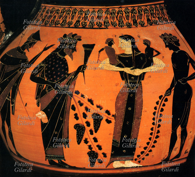 GEMELLI La ninfa Leto presenta i suoi figli i gemelli Apollon e Artemis, al padre Zeus. Dettaglio di una pittura vascolare su anfora a figure nere, Antica Grecia presumibilmente VI-IV secolo a.C..