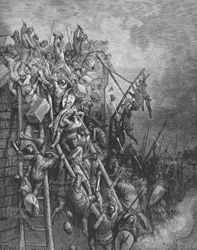 CROCIATE Attacco alle mura di Presburgo (Bratislava). Incisione di Gustave Doré (6 gennaio 1832 – 23 gennaio 1883) per \