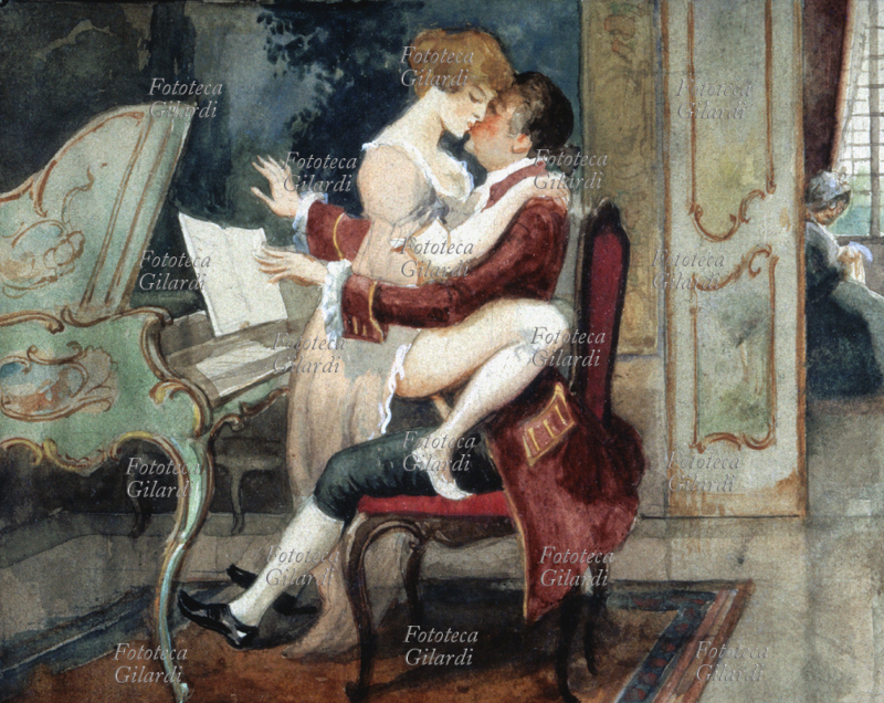EROTISMO "The Music Lesson", theme erotic classic iconography: the love between student and teacher. They consume intercourse in the chair of the piano in the next room a woman, perhaps not unaware of the fact, continues its embroidery. French watercolor of the late eighteenth century.
