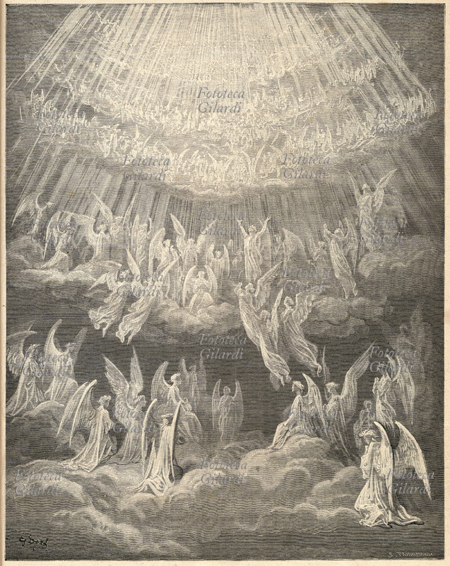 DIVINA COMMEDIA Schiere di Angeli del Paradiso. Incisione di Gustave Doré dall\