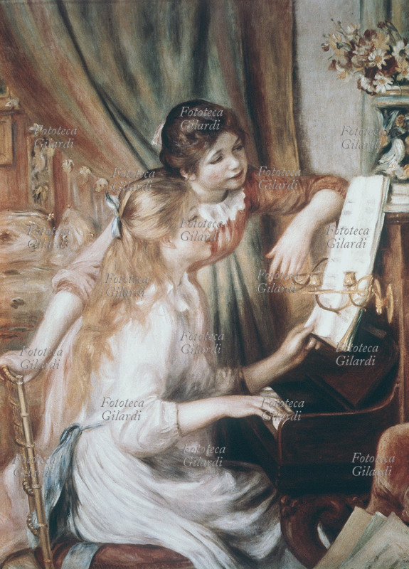 Pierre Auguste RENOIR (1841-1919) Fanciulle al pianoforte. Una, seduta, suona con la destra e con la sinistra sistema lo spartito; l\