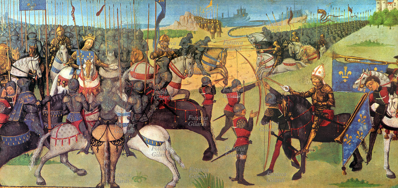 FILIPPO II di Francia (1165-1223) Battaglia di Bouvines, 1214. Filippo II di Francia vinse contro la coalizione di Giovanni Senza Terra, Ottone di Brunswick e i conti di Fiandra, Olanda, Brabante e il duca di Lorena. Miniatura francese.