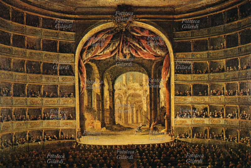 TEATRO San Carlo di Napoli, interno visto dal Palco Reale nei primi anni del XIX secolo, periodo napoletano di Gioacchino Rossini in cui compose diverse opere tra cui \