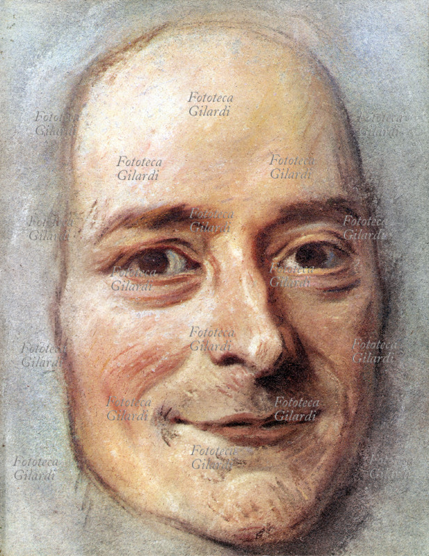 VOLTAIRE (F.M. Arouet 1694-1778) Filosofo e letterato francese, massimo esponente della cultura illumunistica del suo tempo. Ritratto in primissimo piano, dettaglio da stampa su disegno di Maurice-Quentin de Latour (1704-1788).