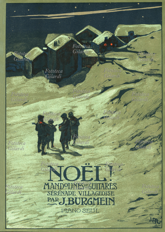 MUSICA Un quartetto di suonatori esegue nella notte di Natale i canti tradizionali, tra le case innevate di un piccolo paese. Copertina per lo spartito di \