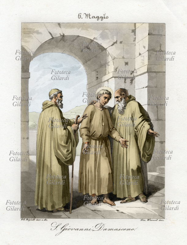 SAN GIOVANNI DAMASCENO (676 ?- 749 ?) in latino detto Iohannes Damascenus; nato a Damasco morto a Laura di San Saba, presbitero e teologo siriano. Giovanni Damasceno fu tra i primi ad aver criticato l\