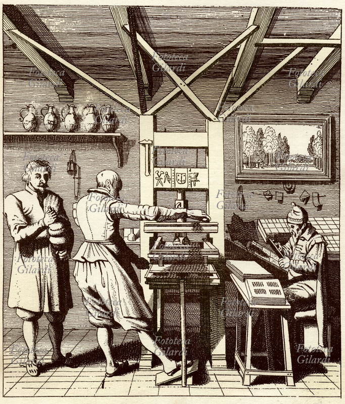 Storia della STAMPA Tipografi al lavoro in una delle prime stamperie fiamminghe. St. Bride Printing Library, Incisione di J. van Velde. Haarlem, 1628.
