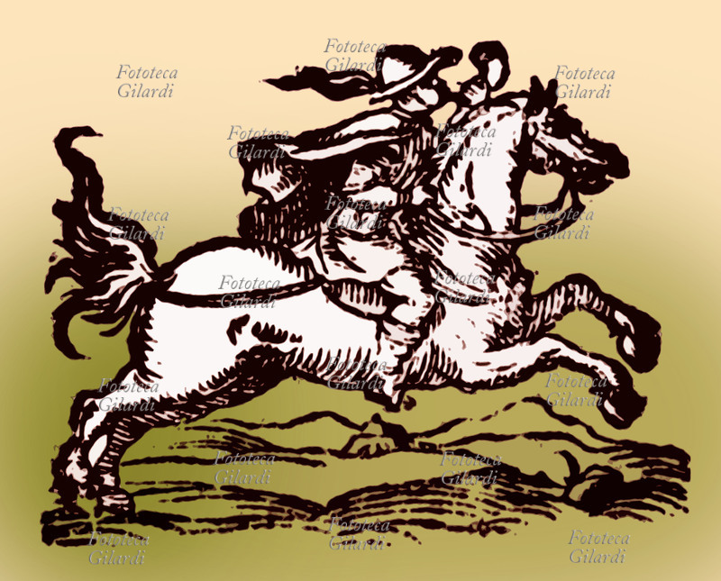 POSTA messo postale del XVII secolo con corno di richiamo. Computergrafica da xilografia. Italia, XVII secolo