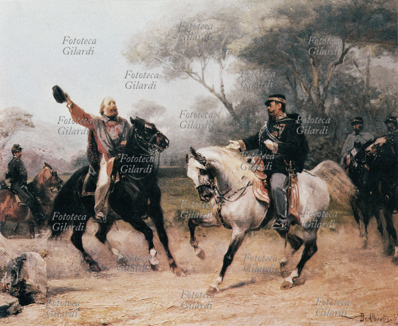 TEANO Lo storico incontro tra Garibaldi e Vittorio Emanuele II a Teano, il 26 ottobre 1860. Stampa oleografica del XIX secolo