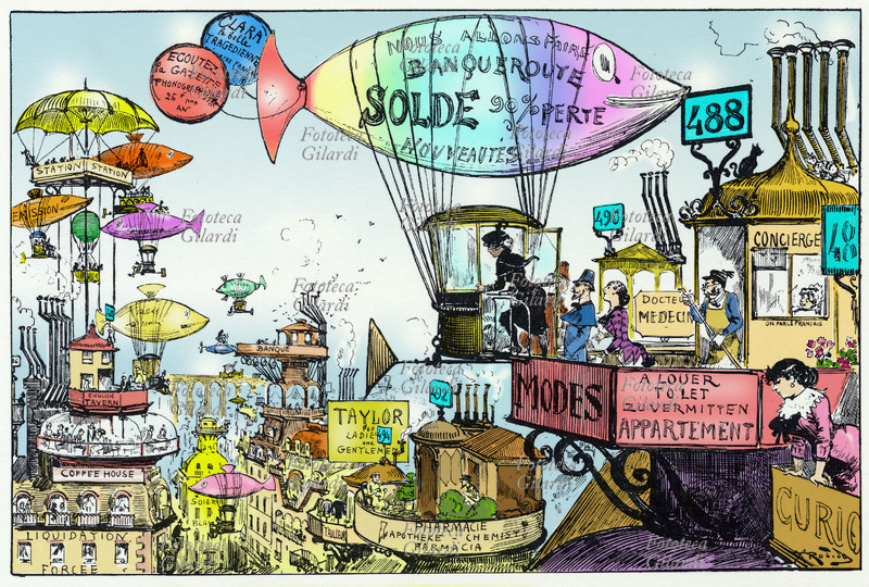 Albert ROBIDA (14 marzo 1848 – 11 ottobre 1926), scrittore, illustratore, giornalista, caricaturista, litografo e acquafortista francese: Parigi in una visione futuribile. Illustrazione dal libro di fantascienza \