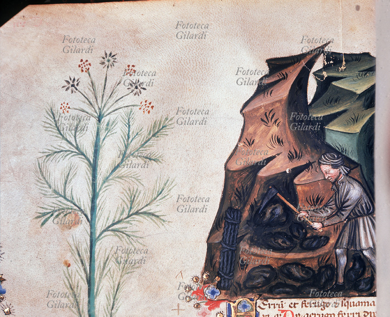 MINIERA minatore al lavoro in una miniera di ferro, miniatura di scuola toscana del XVI secolo