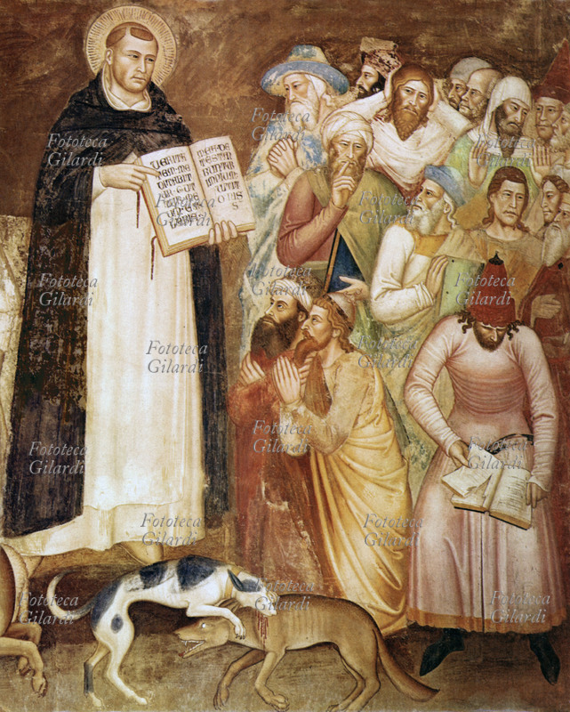 SAINT TOMMASO Of AQUINO confuses the heretical ones. Low to right some historians identify the figure of Between Dolcino while he tears the book of the official doctrine of the Church. Press from detail of I fresco it of Andrea di Bonaiuto. Nail head of the Spanish, Church of Saint Maria Novella, Florence