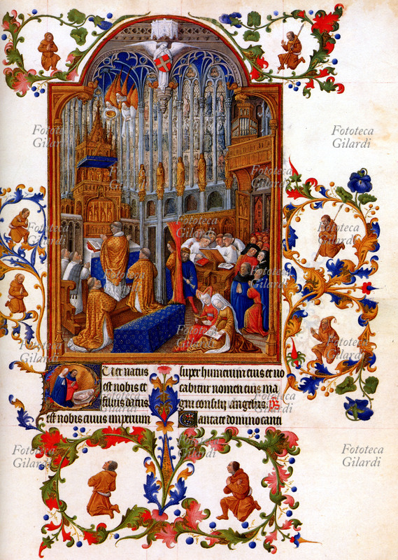 CHIESA Fedeli alla Messa di Natale. Miniatura illustrante la celebrazione dell\