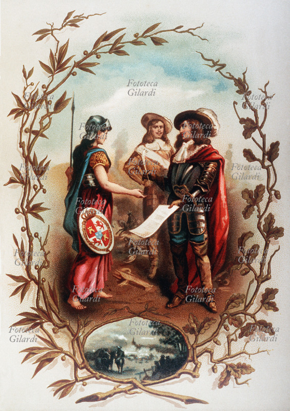 PACE DI AQUISGRANA Allegoria raffigurante il trattato di Aix-la-Chapelle (1668) a conclusione della della guerra di devoluzione fra Carlo II di Spagna e Luigi XIV di Francia: la Francia conservava alcune città delle Fiandre e restituiva alla Spagna la Franca Contea. Litografia a colori, 1884.