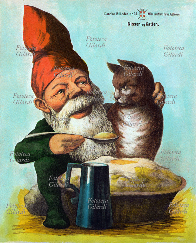 FAVOLE nordiche. Lo gnomo e il gatto, stampa popolare danese. Litografia a colori, 1887.