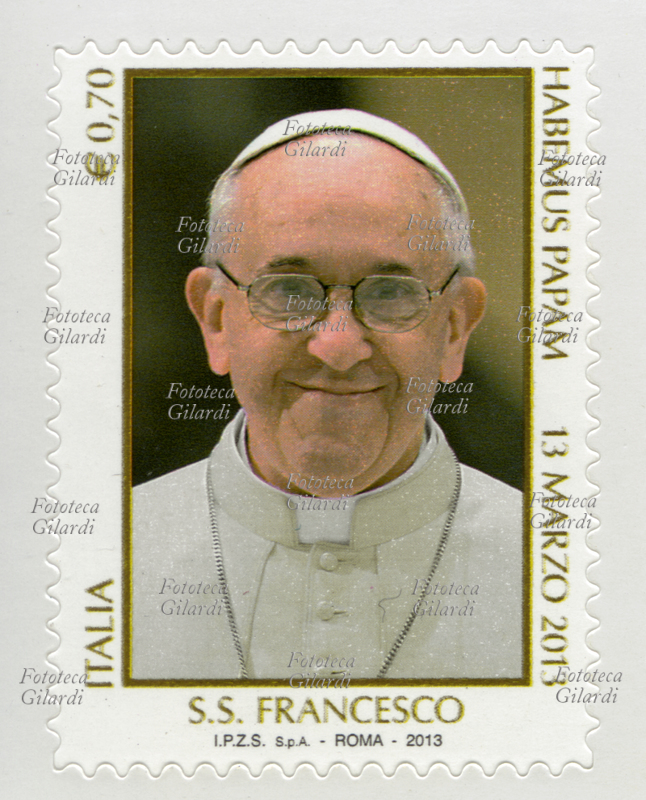POPE FRANCIS Commemorative stamp issued by the Italian Post Office for the election of Jorge Mario Bergoglio as Pope (17 December 1936 – 21 April 2025) who took the name of "SS Francesco"; on the side appears the motto Habemus Papam - 13 March 2013. Self-adhesive format, nominal value 0.70 Euro. Italy issue 2 May 2013