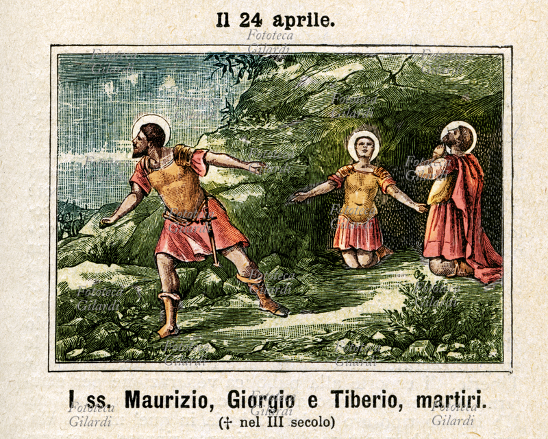Santi MAURIZIO, GIORGIO e TIBERIO (III secolo), martiri a Pinerolo. Secondo la tradizione devozionale sarebbero tre commilitoni scampati all\
