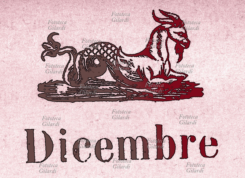 ZODIACO Capricorno, Dicembre. Elaborazione di xilografia da almanacco del 1913 \
