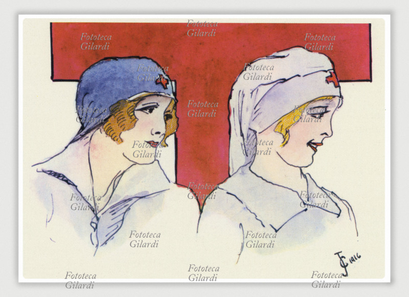 CROCE ROSSA Figurini per due tipi di cuffietta per crocerossine. Anche se erano strumenti di lavoro non si dovevano trascurare moda e buon gusto, in fondo erano pur sempre destinate alle donne. Cartolina postale, parte inferiore di una coppia che compone il disegno completo della Croce Rossa (vedi 9269). Italia, 1916